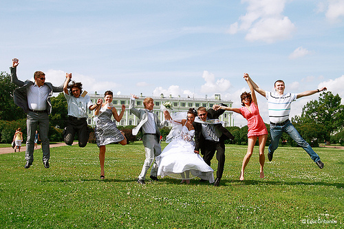 wedding family jumping